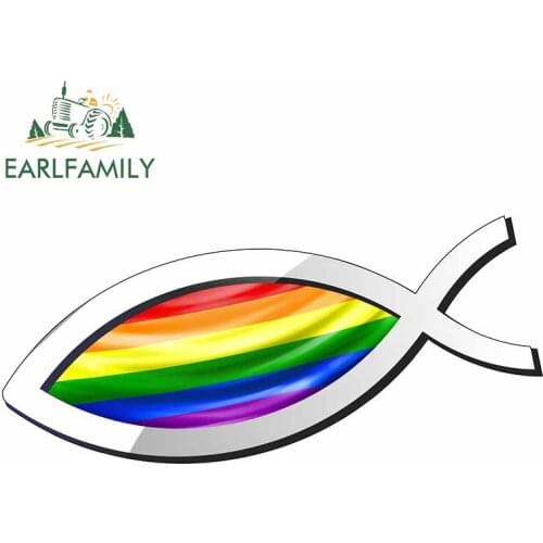 EARLFAMILY 13cm x 6.1cm Christian Fish Symbol Ichthys Icthus with Lgbt Gay Pride Flag Car Sticker Rearview Mirror Decal