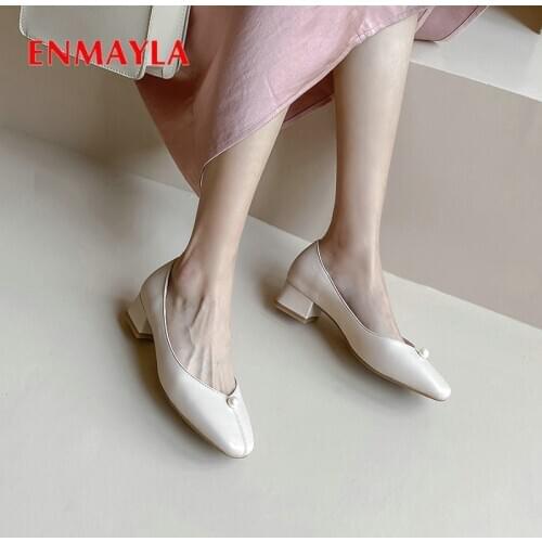 ENMAYLA Microfiber Round Toe Casual Slip-On Square Heel Women High Heels Classics 2020 Pumps Women Shoes Pearl Shoes Size 34-43