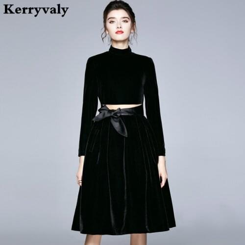 French Hepburn Long Sleeve Black Velvet Winter Dress Women Vintage Bow Midi Party Office Dress Ropa Mujer Robe Femme K8833
