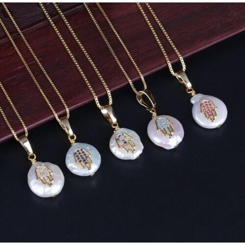 Cz paved fatimas hand hamsa protection charm freshwater pearl bead dainty gold link chain pendant choker necklace for women