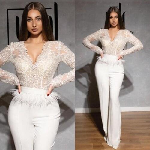 Lace Jumpsuits Prom Dresses V Neck Long Sleeve Feather Dubai Arabic Satin Celebrity Evening Gowns Pantsuits Formal Pageant Dress