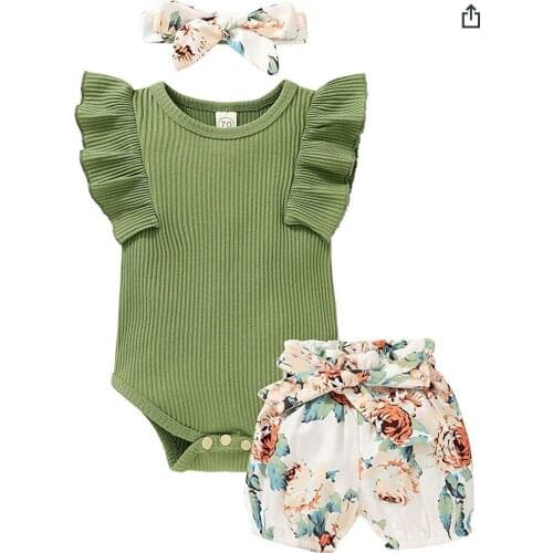 Summer Newborn Baby Girls 3-piece Outfit Set Fly Sleeve Romper+Shorts+Headband Set for Kids Girls