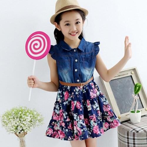 Summer Casual Children Girl Dress 4-9T Small Flying Sleeve Patch Pocket Kids Girls Lapel Denim Splicing Dresses for Going Out
