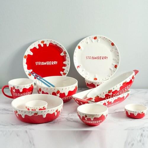 Strawberry Series Rice Bowl Salad Bowl Noodles Plate Ceramic Creative Breakfast Bowl Pudding Bowl Ice Cream Bowl