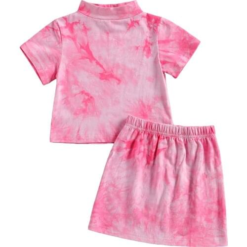 Fashion Kids Girls Clothes 2 piece Outfit Short Sleeve Turtleneck Tie-dye T-shirt+Skirt Summer Children Casual Clothing