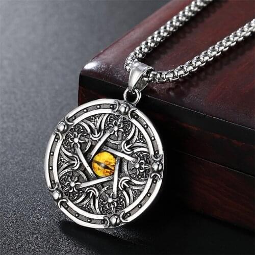 Punk Mens Viking Five-Star Skull Titanium Steel Pendant Viking Necklace Jewelry