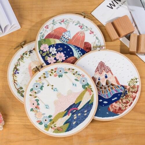 DIY Embroidery Kit with Hoop Landscape Flower Needlework Scenery Cross Stitch Handmade Craft Gift Wall Painting Art Home Decor