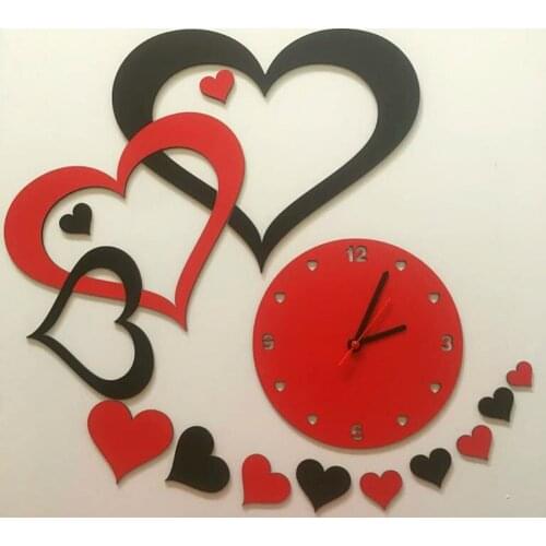 HLO Hearts Wall Clock 2021 New Modern Black and Red Color Wooden MDF Quality Affordable Decorative Horloge Murale Moderne Romant