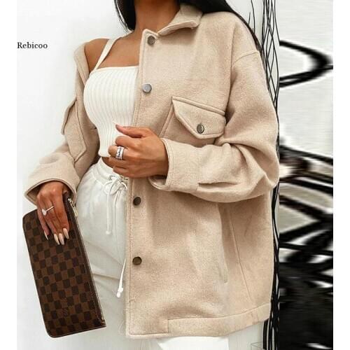 Autumn Single Breasted Turn-Down Collar Wool Coat Women Elegant Long Sleeve Pocket Outwear Fashion Solid Loose Streetwear Jacket