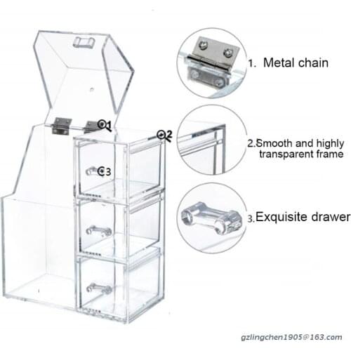 P8DE Makeup Brush Holder with Dustproof Lid Drawer Box Free Pearls Acrylic Clear Cosmetic Organizer for vanity Cotton Pads