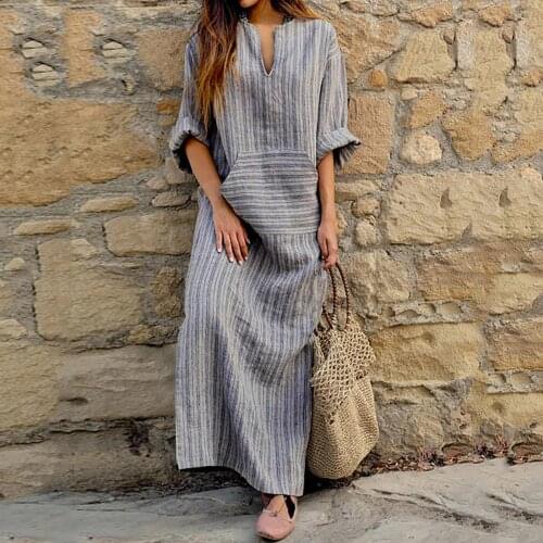 4# Cotton Linen Bohemian Maxi Dress Womens Summer Yarn-dyed Striped Loose Long Dress Beach Style Sundress Loose Boho Dress Robe