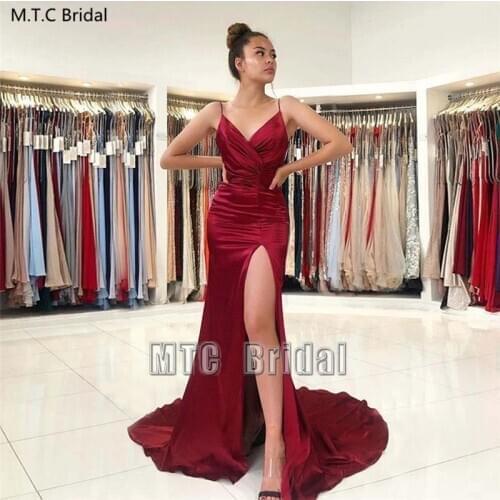 Sexy Burgundy Long Evening Dress With Slit Spaghetti Strap Mermaid Silk Satin Formal Dresses For Women Prom Party Gowns Cheap