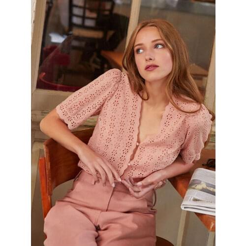 Embroidery Hollow Shirts Summer Woman Clothes Short Sleeves V Neck Elegant Blouses Female Retro Sweet Chic Blouse chemises femme