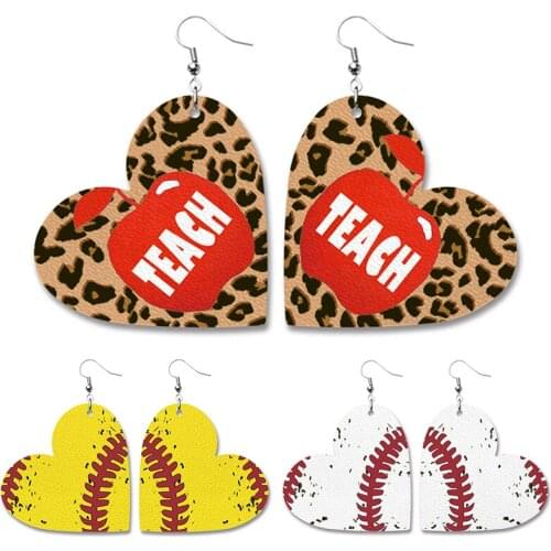 Pu Leather Earring Statement Geometric Heart Leopard Print Teachers'Day Gift Baseball Vintage Trendy Unique Retro Drop Earrings