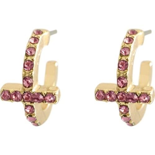 Lovely Gold Color Plating Cross Curved Hoop with Clear Black Pink Stone Earrings For Women Girl Elegant Cute Pretty Jewelry
