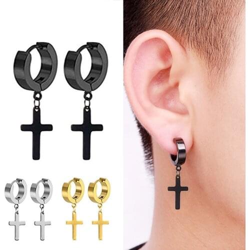 2pcs Cross Earring Clip on Hoop Earrings Stainless Steel for Men Women Gothic Punk Rock Black Ear Piercing Dropping Jewelry Gift
