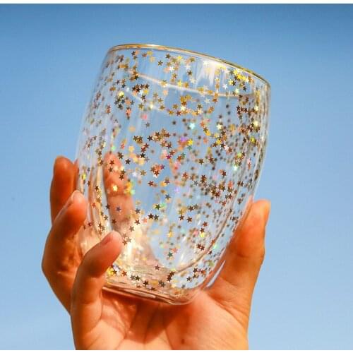 Double Glass Mugs Coffee Cups Tea Bright Starry Sky Cup Heat-resistant Milk Christmas Mug Wish Calix For Tea And Drinkware