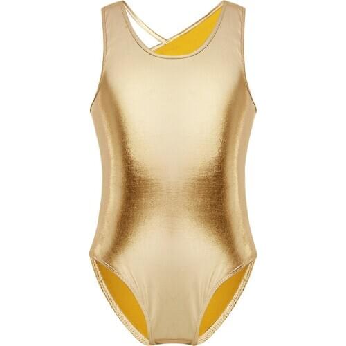 Kids Girls Sleeveless Gymnastics Leotard Open Back with Straps Glittery Ballet Leotard Children Athletics Costume Teens Bodysuit