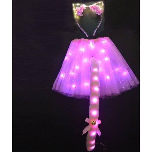 LED Glow Girl Women Tutu Skirt Flower Clothing Wedding Party Cat Animal Ear Headband Tail Rabbit Bunny Fox Costume Anime Cosplay