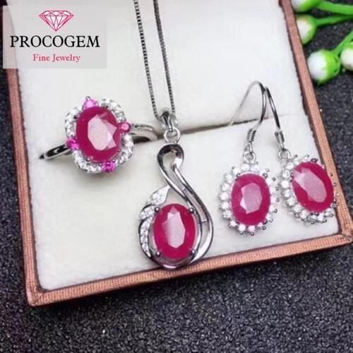 Natural Heated Ruby Jewelry sets for Ladies 2.2ct Genuine gemstone Necklace / Rings / Drop Earrings fine Jewelry Silver 925 #303