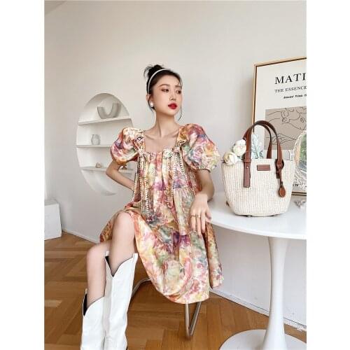 2021 Summer Women Fairy Puff Sleeve Dress Loose Female Summer Square Neck Bow Lace-up Lady Korean Style Vestidos Fldas
