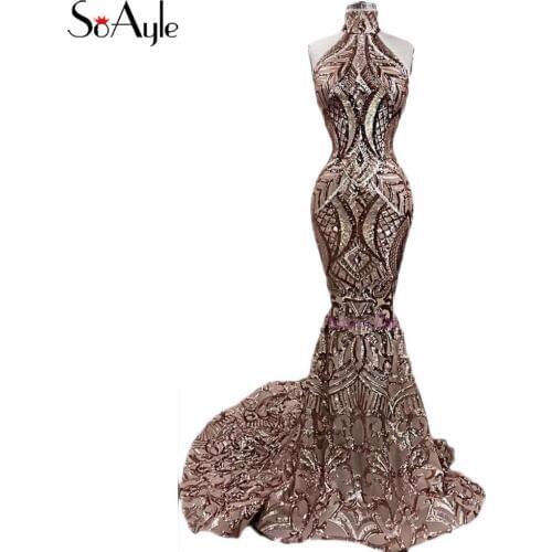 SoAyle Gold Mermaid Prom Dresses 2019 New Design High Neck Sleeveless Dubai Luxurious Dresses African Women Sequin Dress