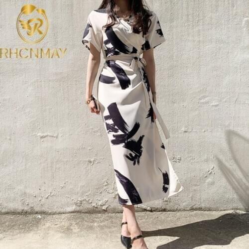 2020 Summer New Simple Ladies Loose Robe Casual Runway Dresses Women Elegant Retro Ink Printing V-neck Lace-up Slim Dress