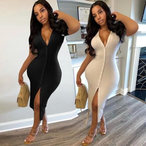 Echoine Solid V-neck Button Midi Dress White Sexy Skinny Bodycon Dresses Robe Party Night Clubwear Short Sleeve Summer Vestidos