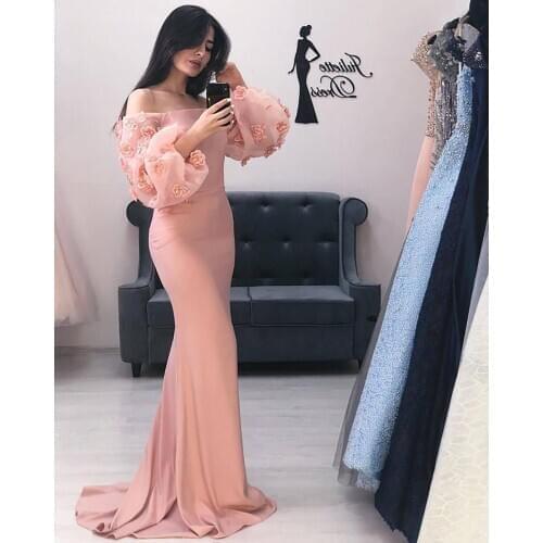 Pink Muslim Evening Dresses Mermaid Long Sleeves Flowers Dubai Saudi Arabia Long Prom Dress Gown Robe De Soiree
