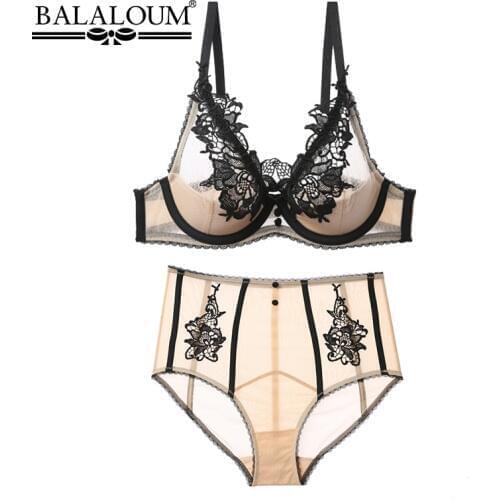 BALALOUM Women Sexy Bra Brief Sets Lace Embroidery Flowers Half Transparent Erotic Lingerie Underwear Female Brassiere Push Up