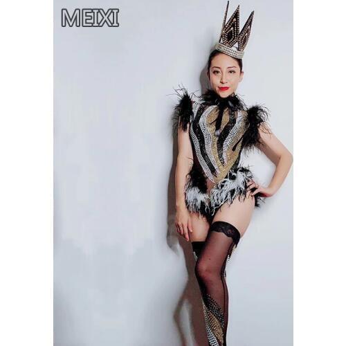 Black empress style rhinestone feather conjoined bar nightclub birthday party concert singer dancers costumes