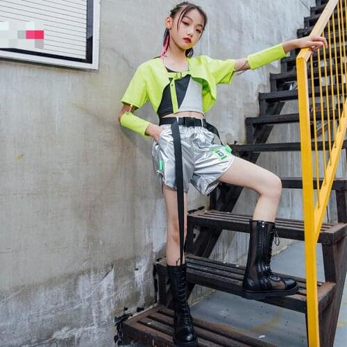 Girls Jazz Dance Costume Kids Green Croped Tops Loose Silver Short Pants Hip Hop Catwalk Street Dancing Clothes Rave Outfits