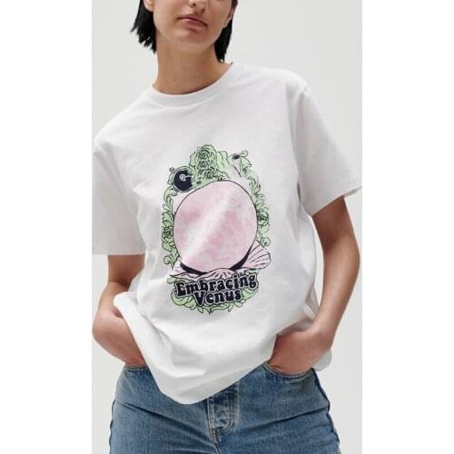 Women Summer White Print Slim Cotton T-Shirt Female High Street Brand Casual O-Neck Top Ladies Fashion Designed Loose Tee ML085