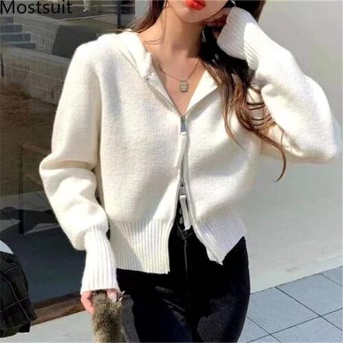 Hooded Knitted Women Cardigan Sweater 2021 Spring Thick Double-zippers Full Sleeve Short Tops Casual Fashion Female Jumpers