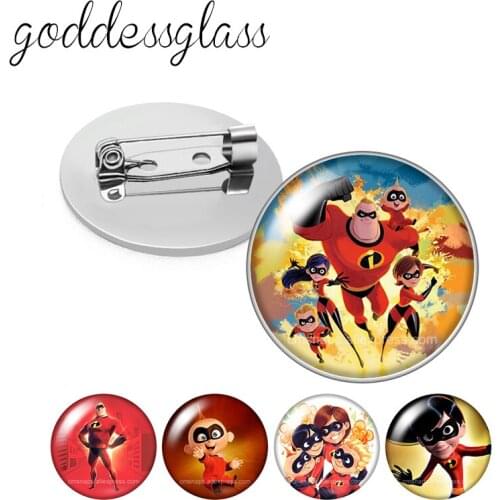 Disney The Incredibles Super Family Round Glass cabochon Silver color Brooch Dome Photo Jewelry Brooches Pin For Gift