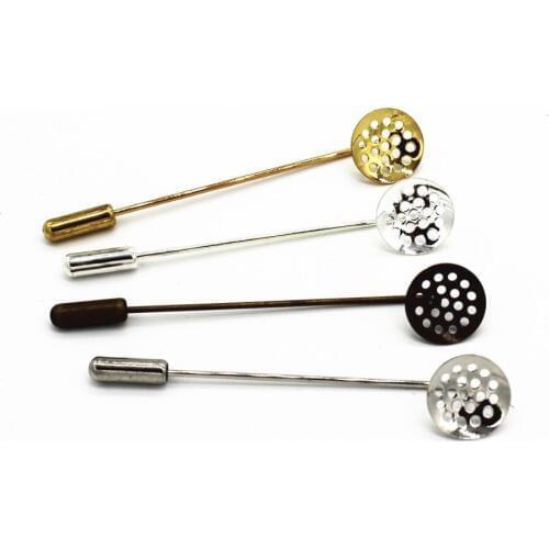 50 PCS 12mm Round Cabochon Base Brooch Metal Copper 6 Colors Plated Long Brooch Pin Base Settings For Jewelry Making