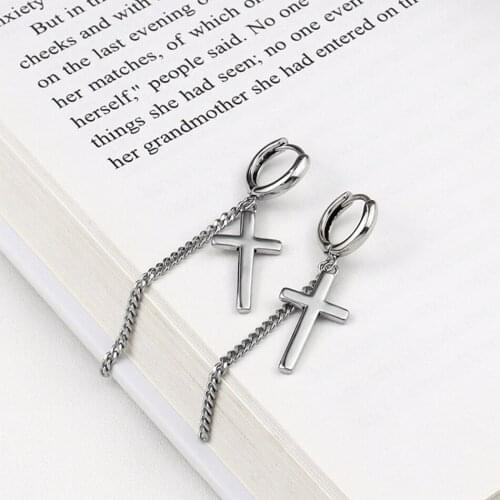 Small Hoop Earrings With Cross Unisex Jewelry Line Chain Huggie Ear Huggie Piercing