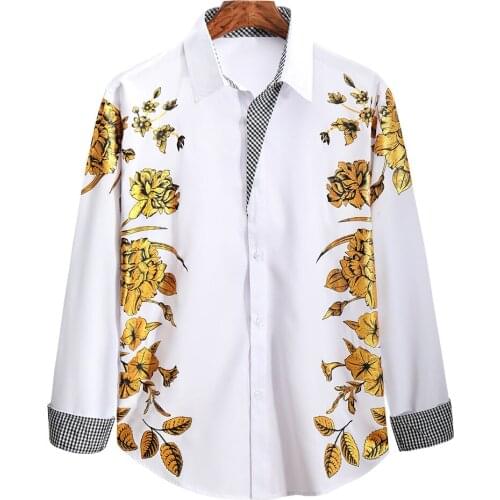 Luxury Gold Bronzing Floral Shirt Men 2021 Brand Slim Fit Long Sleeve Mens Dress Shirts Party Wedding Prom Tuxedo Shirt Male 3XL