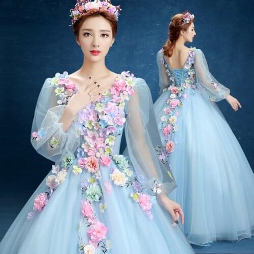Full Sleeve Quinceanera Dress V-neck Party Prom Ball Gown Sweet 16 Years Floral Print Host Quinceanera Dresses