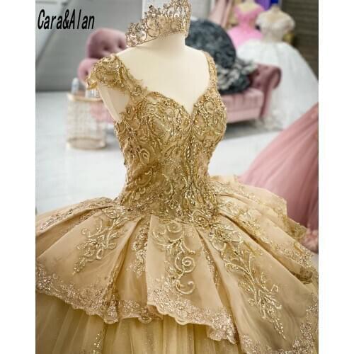 Sweet 15 Girls Birthday Charro Gold Quinceanera Dresses Sequin Applique Corset Back Ball Gown Prom Dress Vestidos De XV Anos