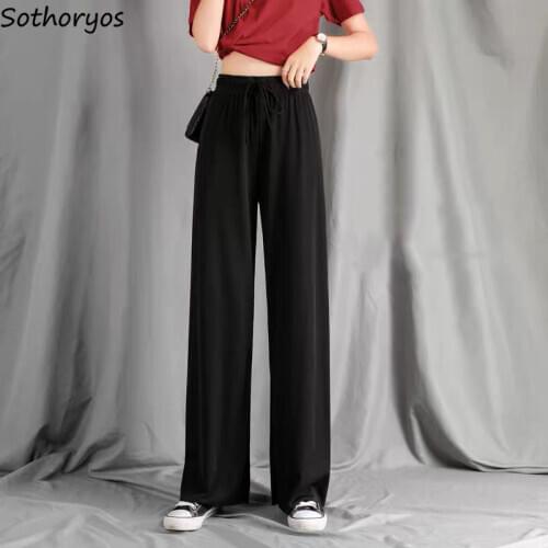 Casual Pants Women Summer Solid Black Wide Leg Loose Drawstring Ulzzang Skin-friendly Simple Thin Breathable Comfortable Ladies