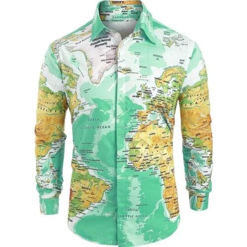 Holiday Mannen World Map Print Verborgen Button Shirt Lente Lange Mouwen Revers Casual Shirts Heren Tops Hawaiiaanse Vakantie Kl