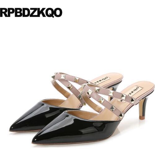 Rivet stud ladies shoes wine red mary jane stiletto pumps pointed toe 8cm high heels black mules slipper runway plus size metal