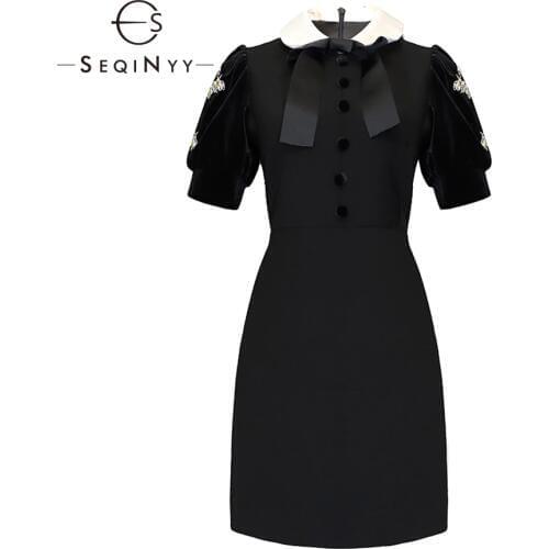 SEQINYY Solid Dresses 2019 Early Spring Womans New Short Sleeve Fashion Office Lady Button Crystal Diamonds A-Line Mini Dresses