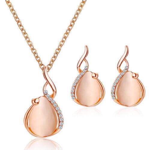 Earring Necklace Jewelry sets pink crystal Water drop shape pendant accessory gold color plated metal chain