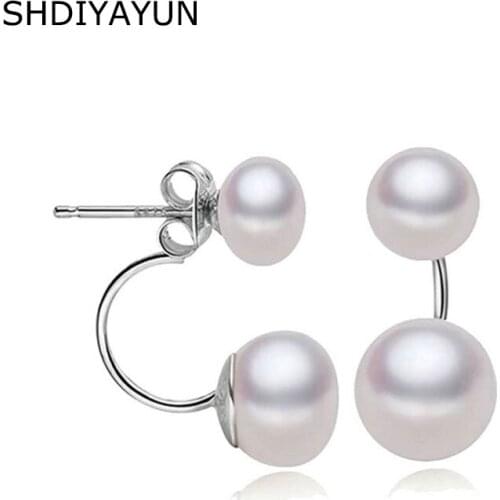 SHDIYAYUN Fine Pearl Earrings Jewelry Freshwater Pearl Oblate Pearl Earrings 925 Sterling Silver Double Stud Earrings Jewelry