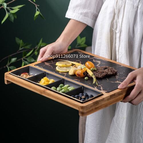 Nordic Restaurant Pizza Snack Plate Square Ceramic Service Plate Creative Marble Gold Pattern Western Dish with Grid Steak Plate
