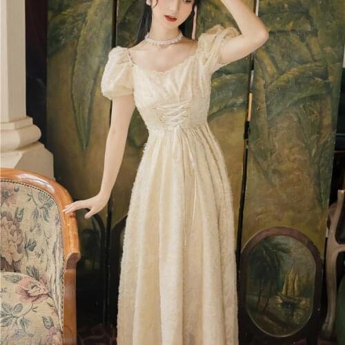 Vintage Dress Women Elegant Puff Sleeve Midi Dress Summer Drawstring Floral Elegant French Style Summer Party Vestidos