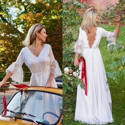 West Vintage Boho Country Wedding Dresses With Sleeve V Neck Chiffon Bohemian Bridal Gowns 2021 Low Back Gard