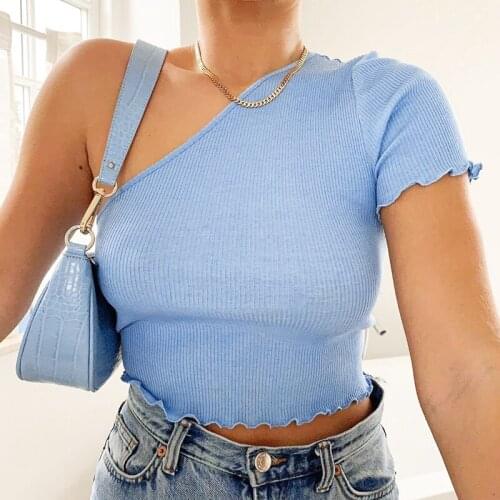 WomenS Fashion Sexy Pit Strip Oblique Shoulder Short-Sleeved Shirt Blue